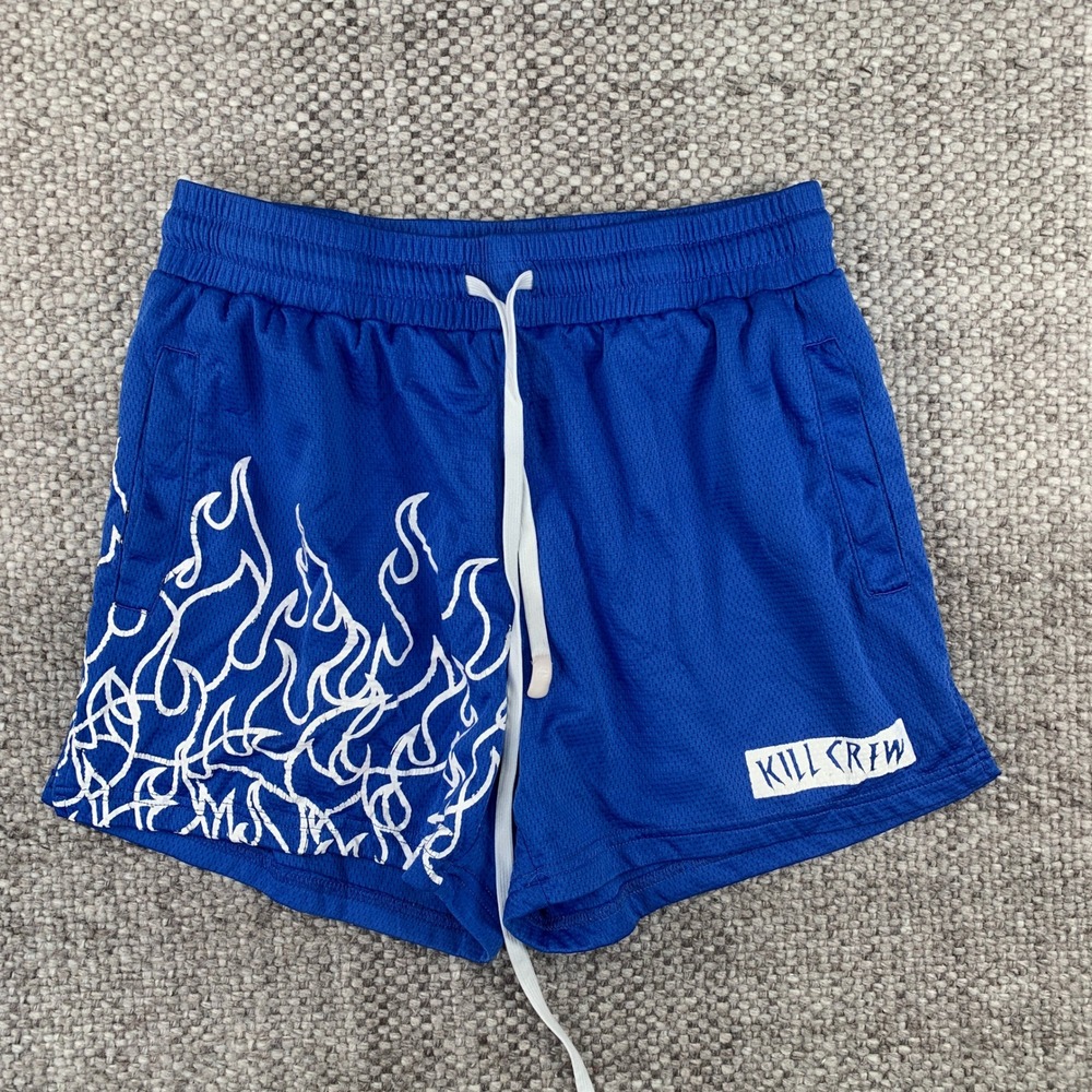 Kill Crew Mesh Gym Shorts Mens Medium Blue White Flame Graphic Athletic Pockets